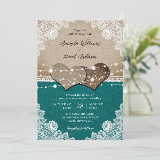 素朴ティール(緑がかった色)バーラップレースストリングラ結婚イト 招待状 (スタンド正面)