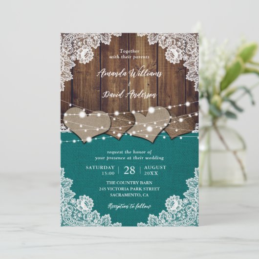 素朴ティール(緑がかった色)バーンウッドバーラップレース結婚ズ 招待状 (スタンド正面)