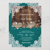 素朴ティール(緑がかった色)バーンウッドバーラップレース結婚ズ 招待状 (正面/裏面)