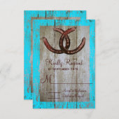 素朴ティール（緑がかった色）バーンウッドホースシューウェディングRSVPカード 出欠カード (正面/裏面)