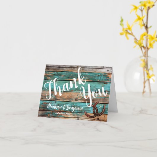 素朴ティール(緑がかった色)バーンウッドホースシ結婚ューありがとう カード (黄色い花)