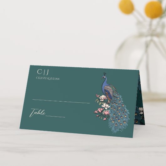 素朴ティール(緑がかった色)フローラピーコ結婚ック プレイスカード