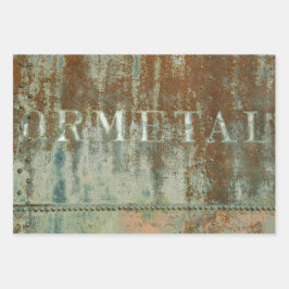 素朴ティール（緑がかった色）ブラウンヴィンテージテクスチャートレインタイポグラフィ ラッピングペーパーシート