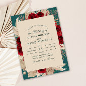 素朴ティール（緑がかった色）ブルゴーニュバラ結婚式招待状 招待状