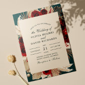 素朴ティール（緑がかった色）ブルゴーニュバラ結婚式招待状 招待状