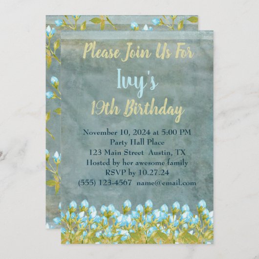 素朴ティール（緑がかった色）ブルーウォーターカラーアート 招待状 (正面/裏面)