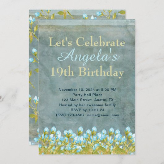 素朴ティール(緑がかった色)ブルーウォーターカラーアート 招待状 (正面/裏面)