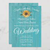 素朴ティール(緑がかった色)ブルーバーンウッドサンフラワー結婚ズ 招待状 (正面/裏面)