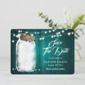 素朴ティール（緑がかった色）メイスンジャーの木製ストリングライツ結婚ズ セーブザデート (スタンド正面)