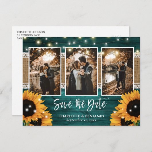 素朴ティール(緑がかった色)ライトひまわり3 Photo Save The Date 案内ポストカード (正面/裏面)