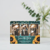 素朴ティール(緑がかった色)ライトひまわり3 Photo Save The Date 案内ポストカード (スタンド正面)