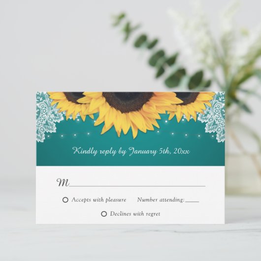 素朴ティール（緑がかった色）レースサンフラワーウェディングRSVPカード 出欠カード (スタンド正面)