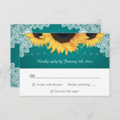 素朴ティール（緑がかった色）レースサンフラワーウェディングRSVPカード 出欠カード (正面/裏面)