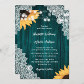 素朴ティール（緑がかった色）レースヒマワリ結婚式招待状 招待状 (正面/裏面)