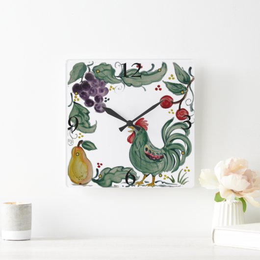 素朴ティール(緑がかった色)ロースターフルーツフォークスタイルタイルアート スクエア壁時計 (ホーム)