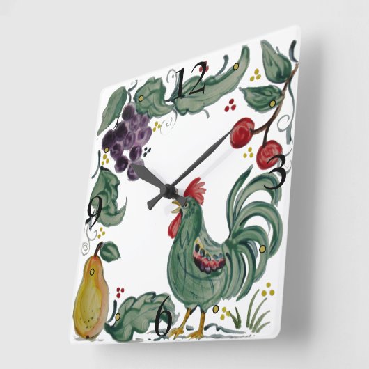 素朴ティール(緑がかった色)ロースターフルーツフォークスタイルタイルアート スクエア壁時計 (傾斜)