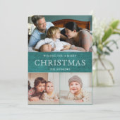 素朴ティール(緑がかった色)冬のクリスマスフォトコラージュ シーズンカード (スタンド正面)