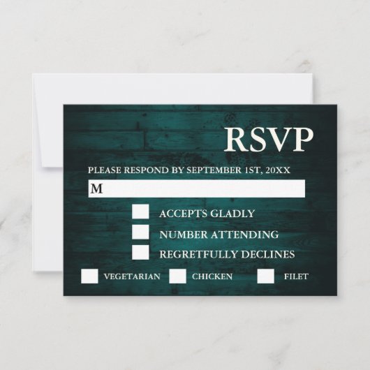 素朴ティール(緑がかった色)木製ストリングライトRSVP & Meal 出欠カード (正面)