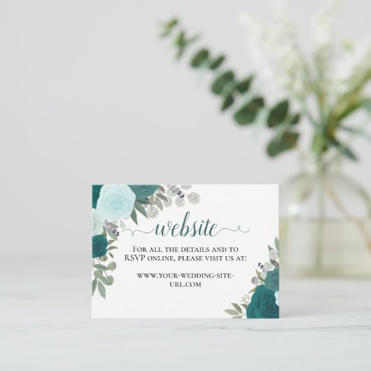 素朴ティール（緑がかった色）水カラーバラ結婚ズWebサイト エンクロージャーカード (スタンド正面)