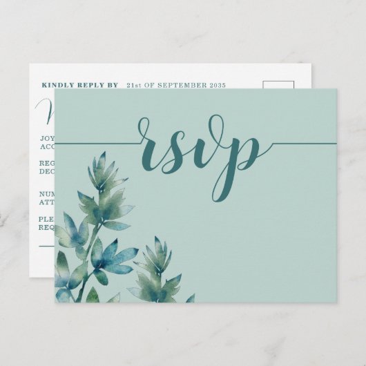 素朴ティール（緑がかった色）水彩葉樹ウェディングRSVP インビテーションポストカード (正面/裏面)