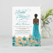 素朴ティール（緑がかった色）金ゴールドバラ&ガウンエレガントブライダルシャワー 招待状 (スタンド正面)