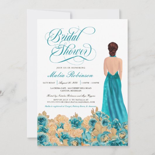 素朴ティール(緑がかった色)金ゴールドバラ&ゴーエレガントンブライダルシャワー 招待状 (正面)