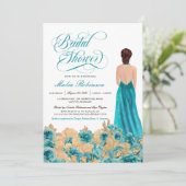 素朴ティール（緑がかった色）金ゴールドバラ&ゴーエレガントンブライダルシャワー 招待状 (スタンド正面)