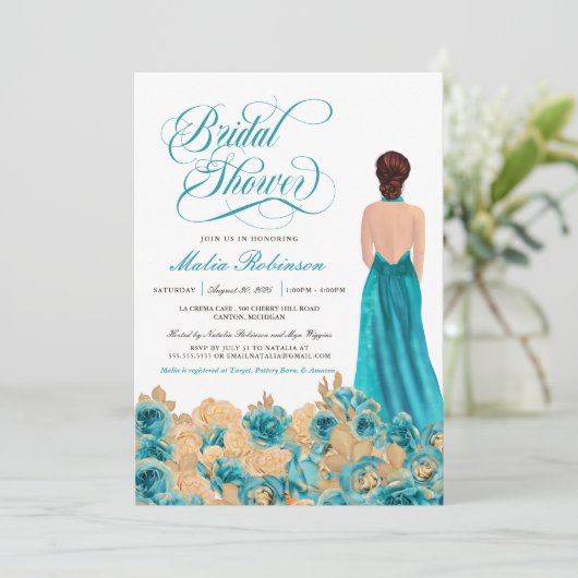 素朴ティール(緑がかった色)金ゴールドバラ&ゴーエレガントンブライダルシャワー 招待状 (スタンド正面)