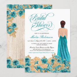 素朴ティール（緑がかった色）金ゴールドバラ&ゴーエレガントンブライダルシャワー 招待状