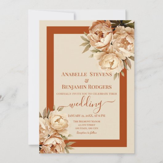 素朴テラコッタとクリームフローラQRコー結婚ド 招待状 (正面)