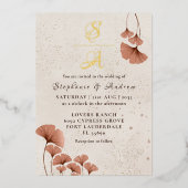 素朴テラコッタと実在金ゴールドモノグラム結婚ズ 箔招待状 (正面)