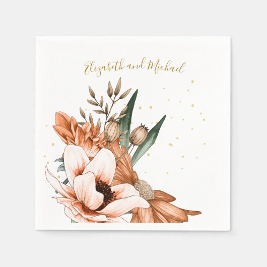 素朴テラコッタフローラエレガント金ゴールドシ結婚ック スタンダードカクテルナプキン (正面)