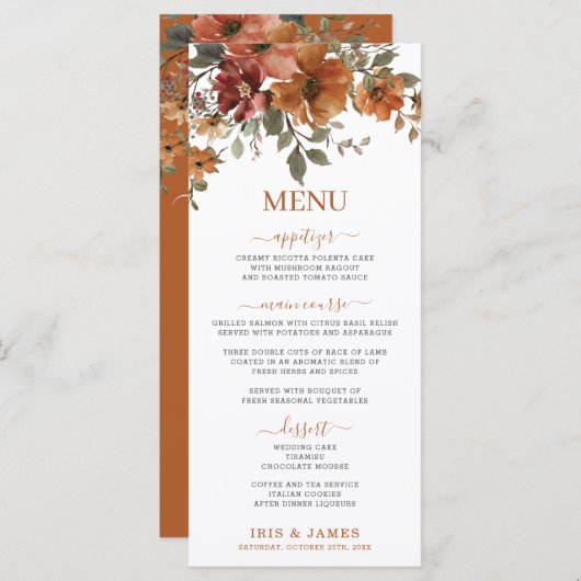 素朴テラコッタ焼きオレンジ色のフローラのメ結婚ニュー プログラム (正面/裏面)