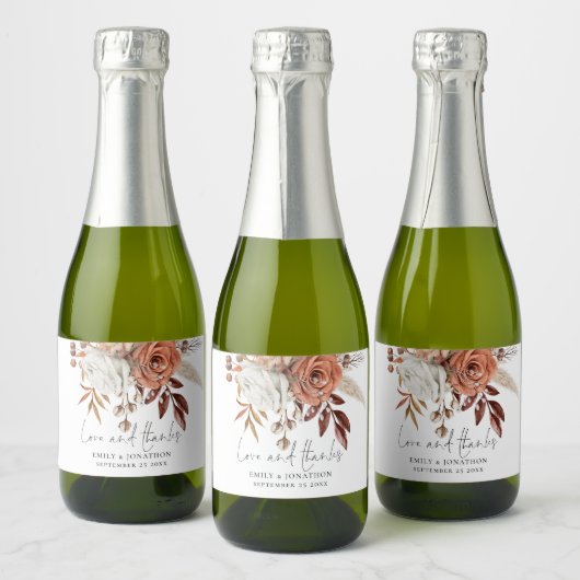 素朴テラコッタ花模様愛感謝してい名の結婚名前 スパークリングワインラベル (ボトル)