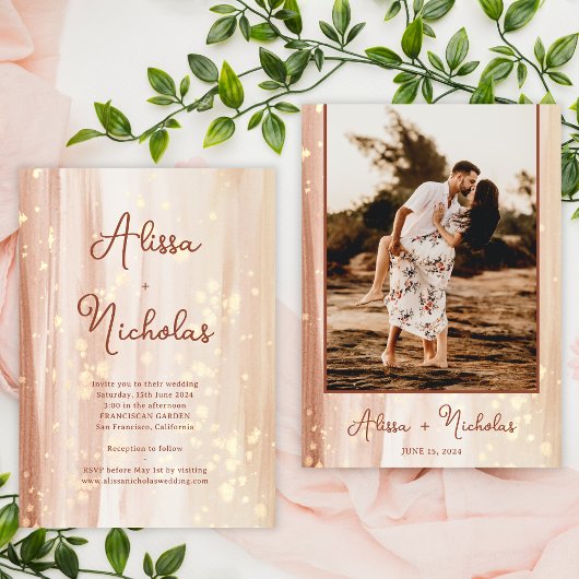 素朴テラコッタ金ゴールド水彩写真結婚の 招待状