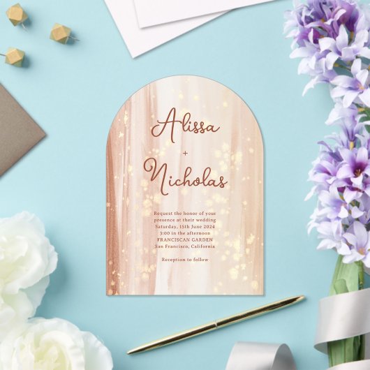 素朴テラコッタ&金ゴールドウォーター結婚カラー アクリル招待状 (インサイチュ (ウェディング))