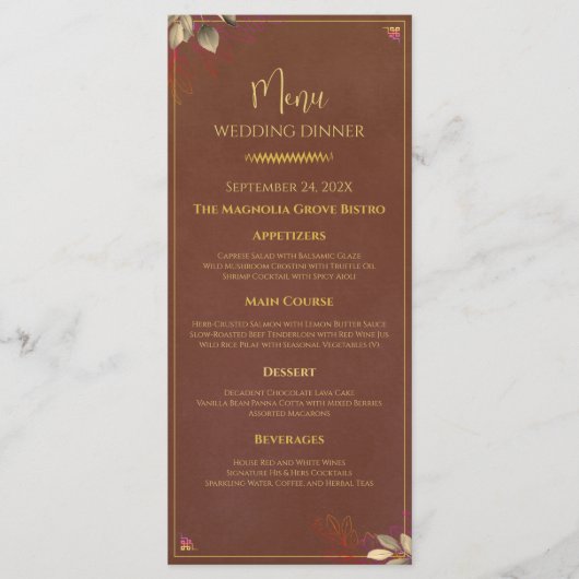 素朴テラコッタ&金ゴールド結婚のディナーメニュー メニュー (正面)