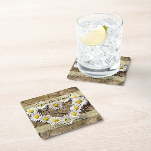 素朴デイジーハート日付の保存 スクエアペーパーコースター (インサイチュ)