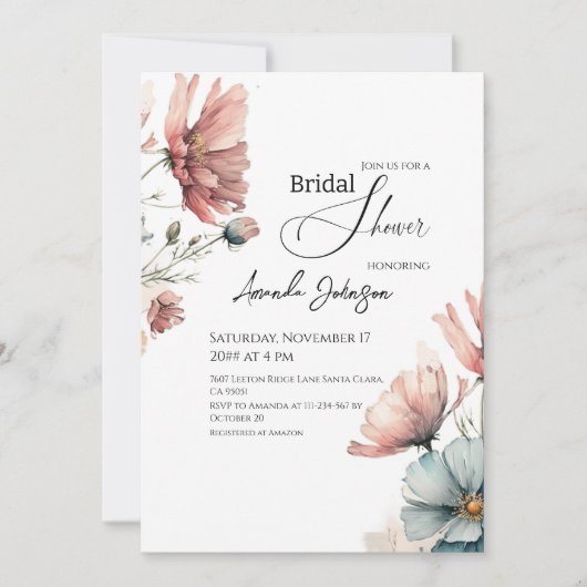 素朴デイジーワイルドフラワーフローラブライダルシャワー 招待状 (正面)