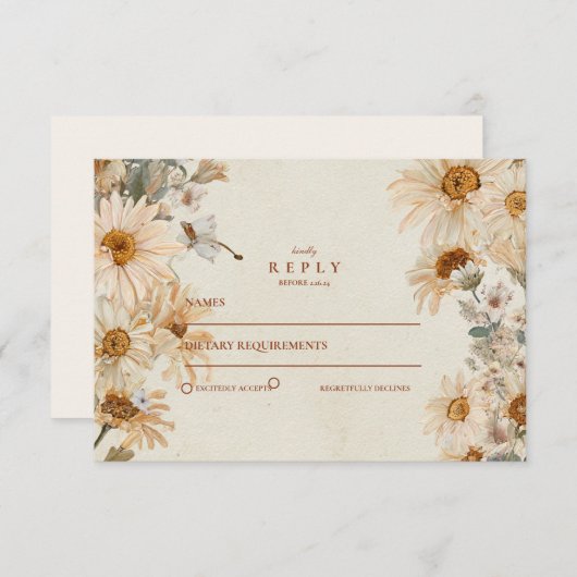 素朴デイジー女性のカーボーイブ結婚ーツ 出欠カード (正面/裏面)