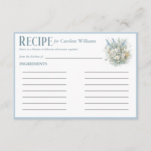 素朴デイジー&ブルーフローラブライダルシャワーレシピ エンクロージャーカード (正面)