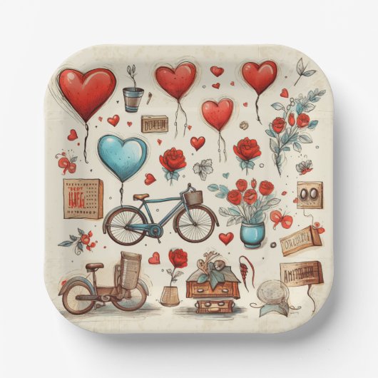 素朴ハートは赤とクリームをスケッチ ペーパープレート (正面)
