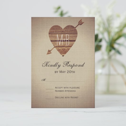 素朴ハートアローカントリーウェディングの出欠確認カード 出欠カード (スタンド正面)