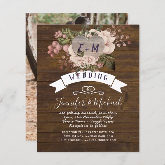 素朴ハートフォトピンク赤面バラ金ゴールド結婚 (正面/裏面)