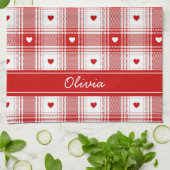 素朴ハート付き格子縞 キッチンタオル (折り畳み)