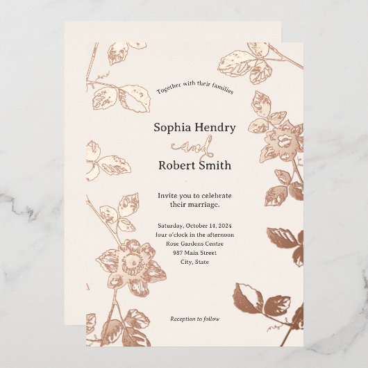 素朴バラお洒落フローラ結婚の 箔招待状 (正面/裏面)