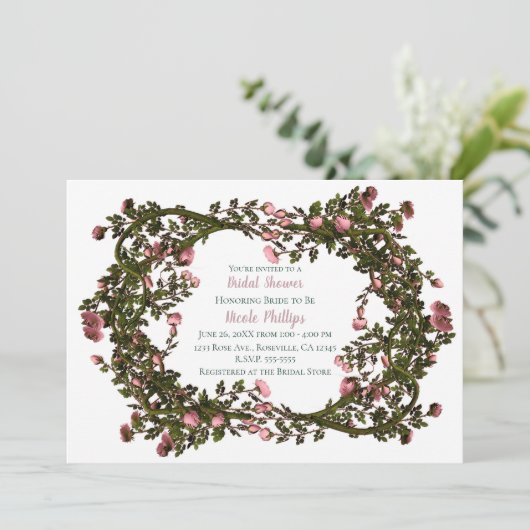 素朴バラピンクローズフローラ植物学つる植物 招待状 (スタンド正面)