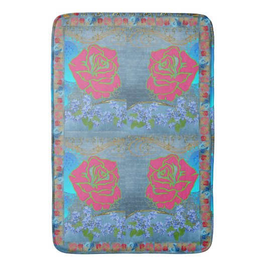 素朴バラピンクヴィンテージブルー金ゴールドフェイクエレガント バスマット (正面縦)