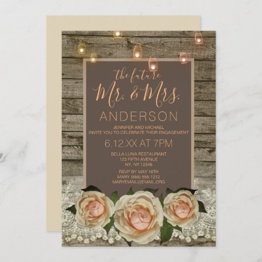 素朴バラレースメイスンジャールストリングライト婚約 招待状 (正面/裏面)