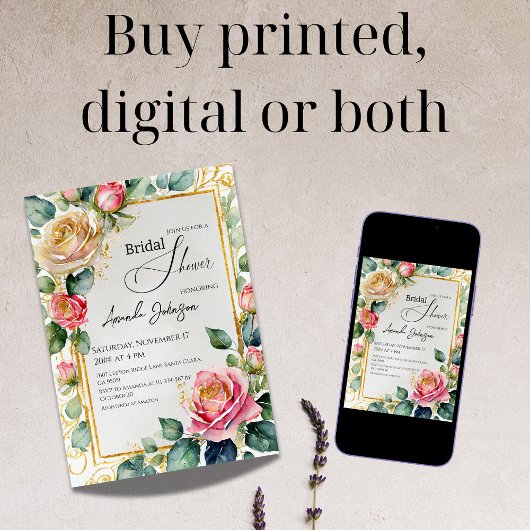 素朴バラ枠付水彩フローラブライダルシャワー 招待状